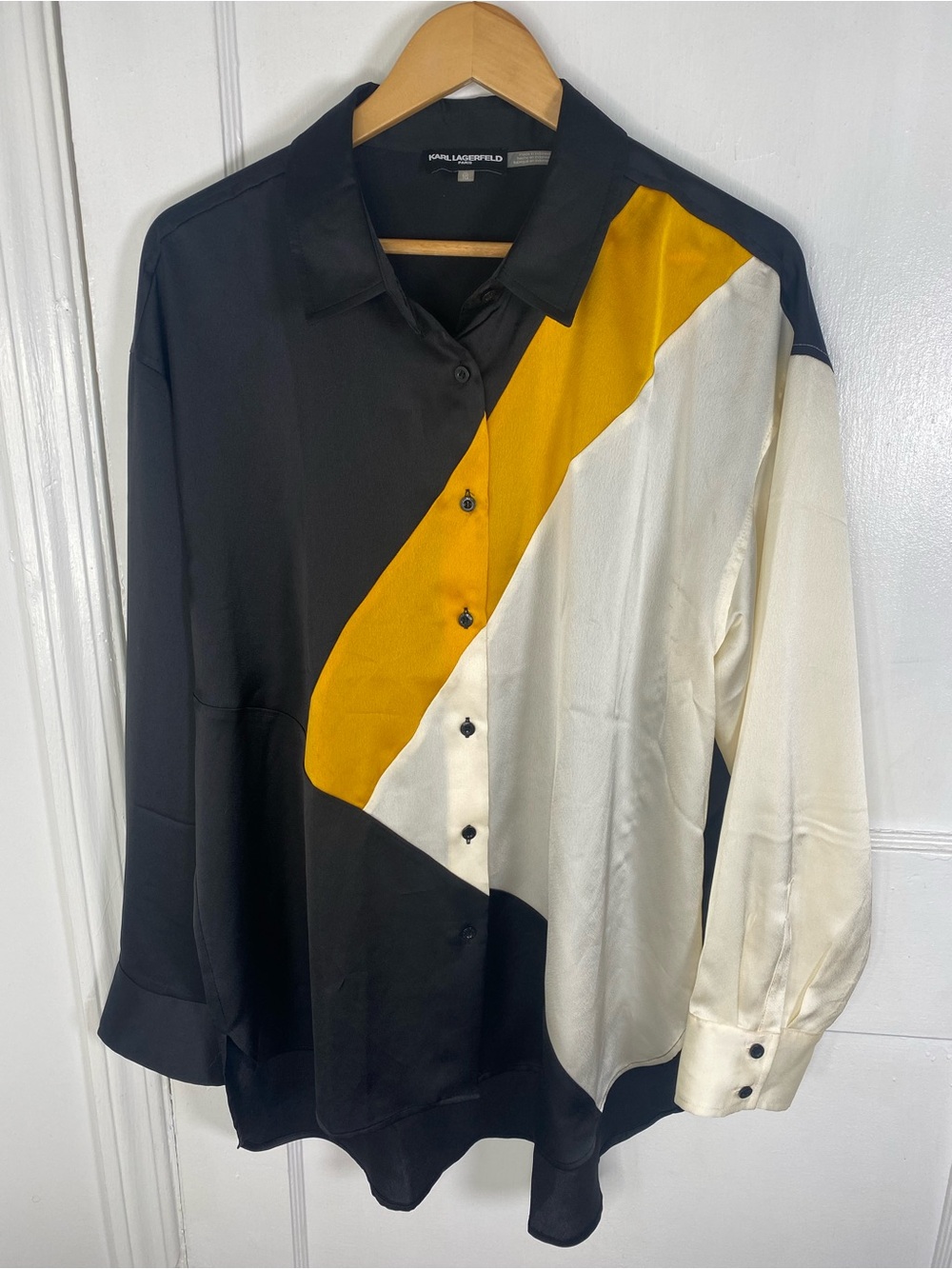 Karl Lagerfeld NWOT XL Black, Mustard & White Diagonal Colorblock Button Shirt